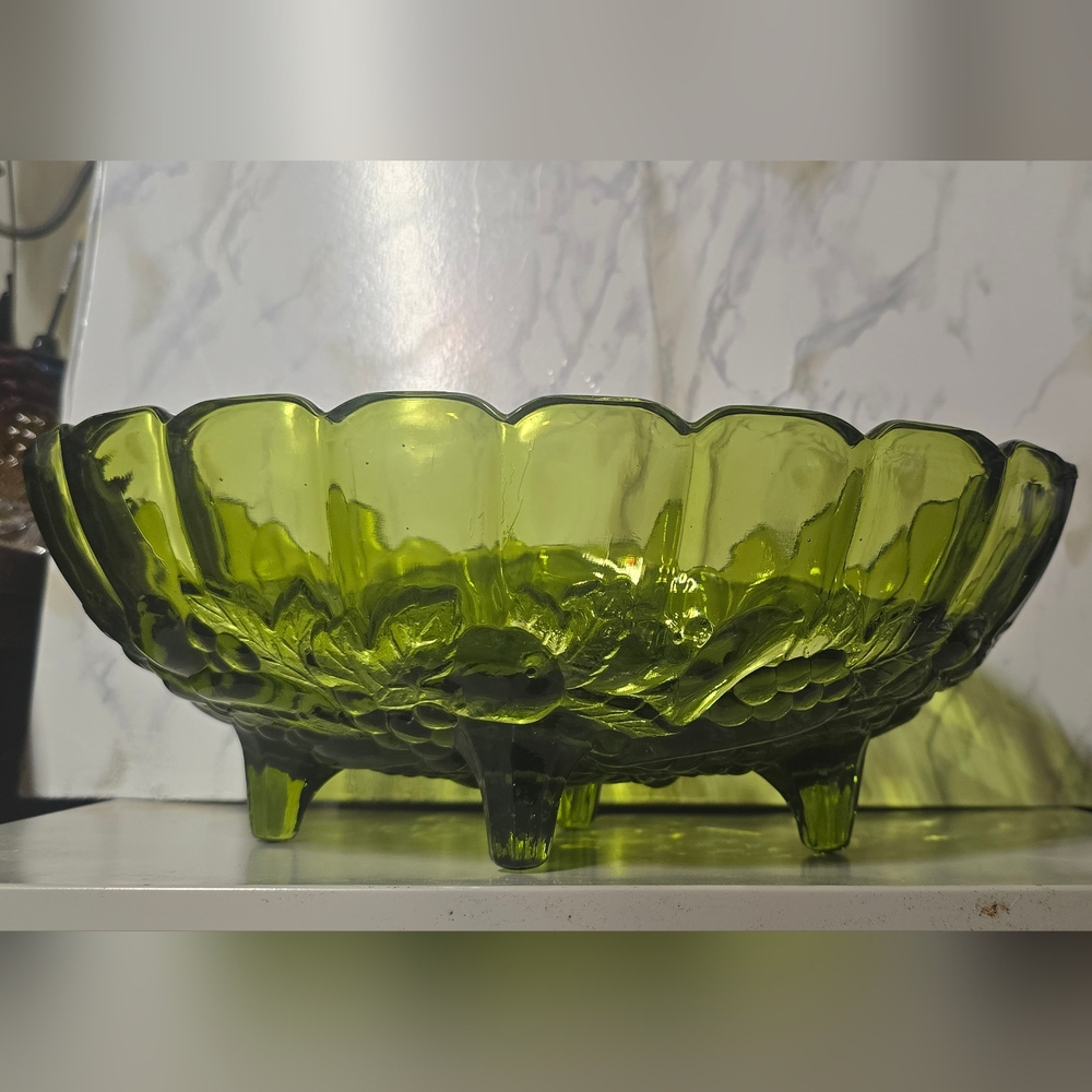 Elegant Vintage Oval Footed Avacado Green Glass Centerpiece Bowl, 11", Indiana